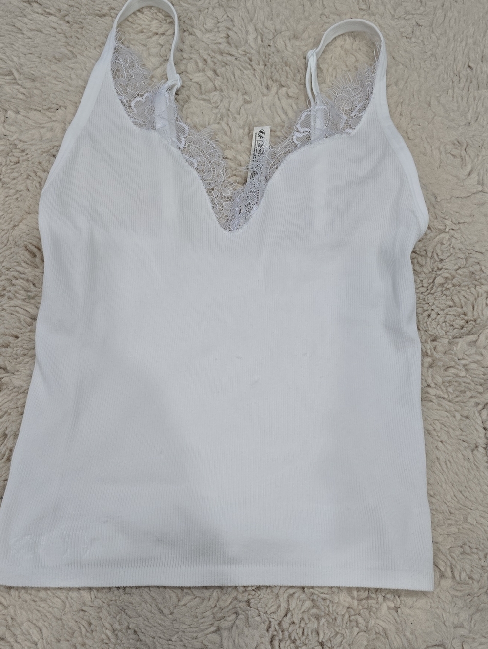 Women's Ribbed Lace Trim Camisole Tank - White